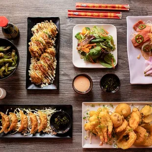 a variety of food items on a table