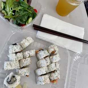 Salad  Spicy Salmon  and Spicy Hamachi rolls. Iced tea.