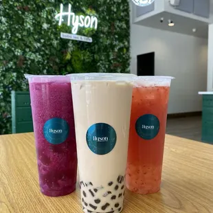 Dragon fruit, original milk tea, strawberry peach