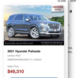 Vehicle with sales price