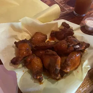 Lemon pepper wings, double fried with medium Buffalo sauce. Wings are huge!