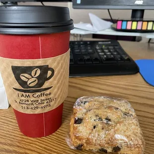Chai latte with almond milk and blueberry scone