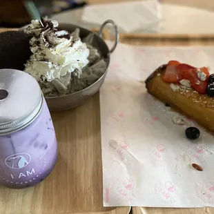 Oreo Shaved ice cream, honey toast, and taro milk boba.