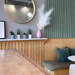 a wooden table and chairs