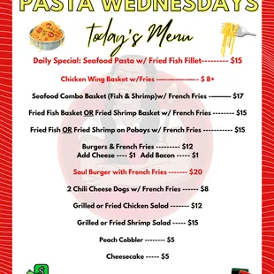 a menu for pasta wednesdays