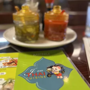 a menu and a plate of food