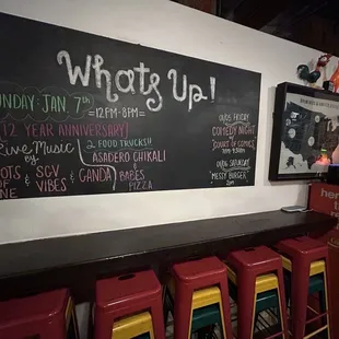 a chalkboard with a list of events