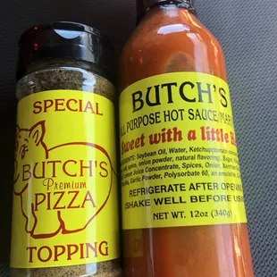 Butch&apos;s pizza topping and Butch&apos;s hot sauce