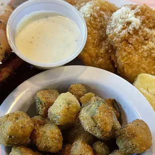 Fried okra, green tomatoes , sauce and cornbread