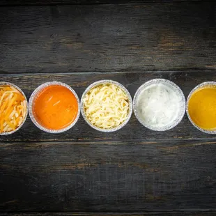 Tzatziki sauce, spicy mayo, garlic butter, corn cheese, fondue cheese