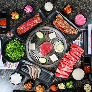 Top Sirloin Steak, LA Galbi, Sliced Beef Brisket, Shrimp