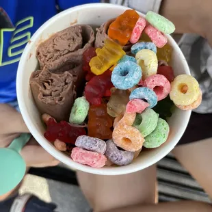Chocolate with fruit loops and gummy bears