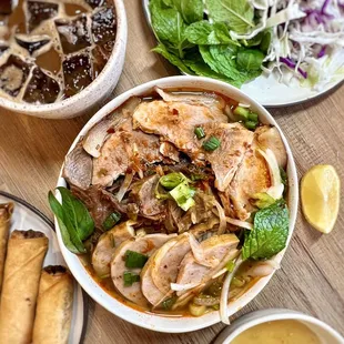 Bun bo hue, imperial rolls, viet iced coffee