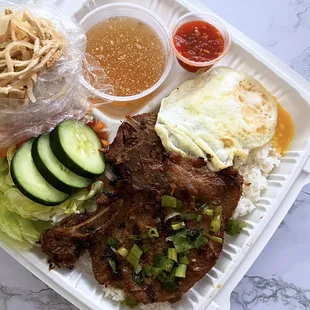 Delivery - House Special: Cơm Tấm Sườn Bì Trứng - Broken Rice w/ pork chops, shredded pork skin, egg ($18)