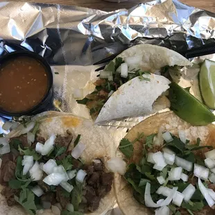 Street tacos and chips with Queso.