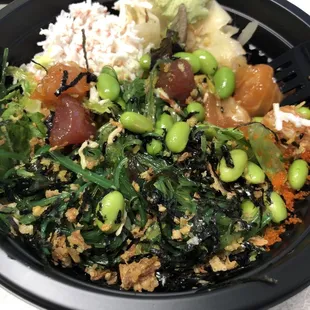 Three Poke Bowl with 3 Scoops, half rice half salad