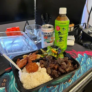 #9 Teriyaki Beef &amp; Fried Shrimp Hawaiian Iced Tea Itoen Green Tea