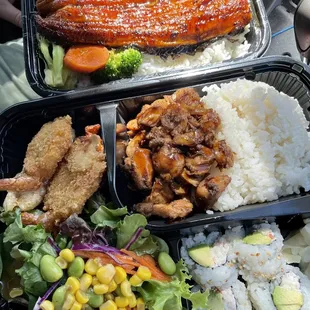 Top: Unagi Don Bottom: Teriyaki Angus Beef and Fried Shrimp Bento