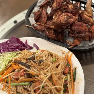 papaya salad and fried quail