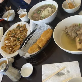 30. Papaya Salad, 8. Mi Ka Tang, fried dough, bone soup (right), 1. Rice Noodle Soup with Beef and Meatball (top)