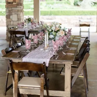 Our beautiful farmhouse tables and wooden chairs