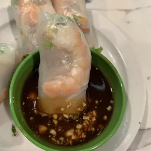 Spring roll in sauce. It was a little too sweet for me.