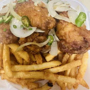 Salt n pepper chicken wings with fries