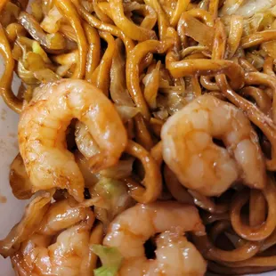 Shrimp chowmein, always loaded with plump shrimp