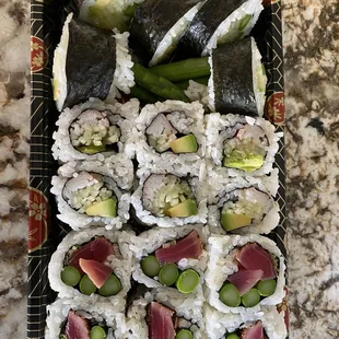 Assorted sushi rolls.