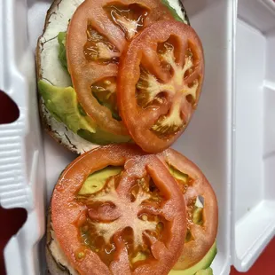 Open face cream cheese,avocado and tomatoes