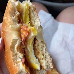 Bacon Egg and Cheese on Cheddar Bagel