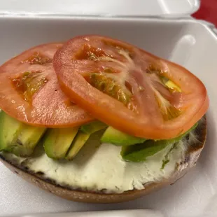My fav!  Open face cream cheese, avocados and tomatoes