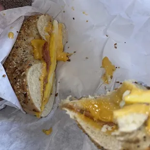 bacon, egg, and cheese on an everything bagel