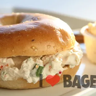 Bagel with veggie cream cheese.