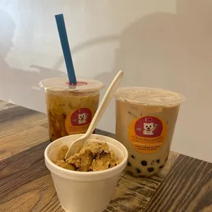 Brown sugar boba, House boba, and espresso chip!