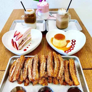 Mini churros, cake of the day, flan, frozen mocha, horchata latte, chocolate abuelita bombon brûlée.