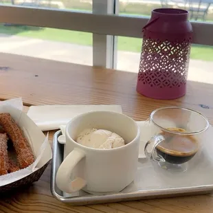 Churros with cajeta and mazapan ice cream affogato