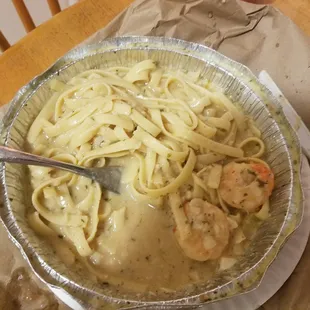 Over sauced shrimp scampi with 6 measly shrimp for 12 dollars definitely not worth it