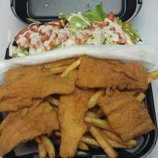 Fish and chips . Salad , french fries and tartar sauce on the side. ..