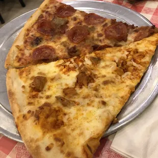 Meat Lover&apos;s Pizza and Chicken Wing Pizza slices.