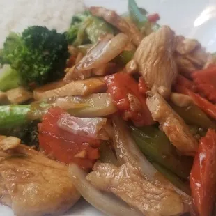 Ginger vegetable chicken over rice