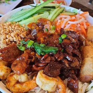 Bun bowl: Grilled shrimp and pork!  HUGE portion and so good!