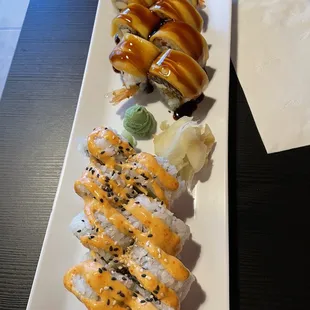 Mango roll (top) and spicy tuna roll