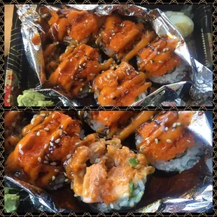 Bronco roll also baked- live the salmon cooked in the inside, this and volcano are Unbelievably delicious!