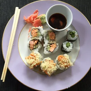 Spicy tuna roll, asparagus roll and salmon roll.