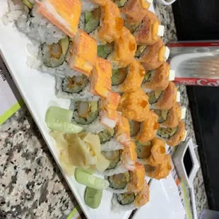 a large plate of sushi
