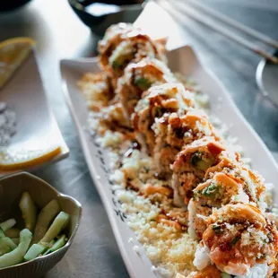 a long roll of sushi