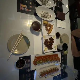 a variety of sushi dishes