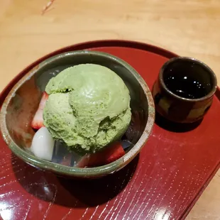 Anmitsu dessert ($7) - Green tea  ice cream, seaweed jello, red bean, strawberries &amp; mochi