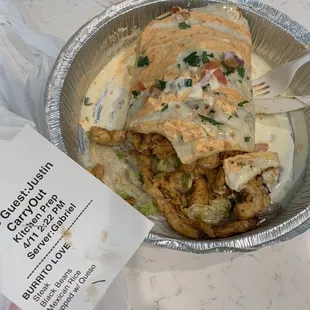 Cold burrito with white steak that tastes like chicken